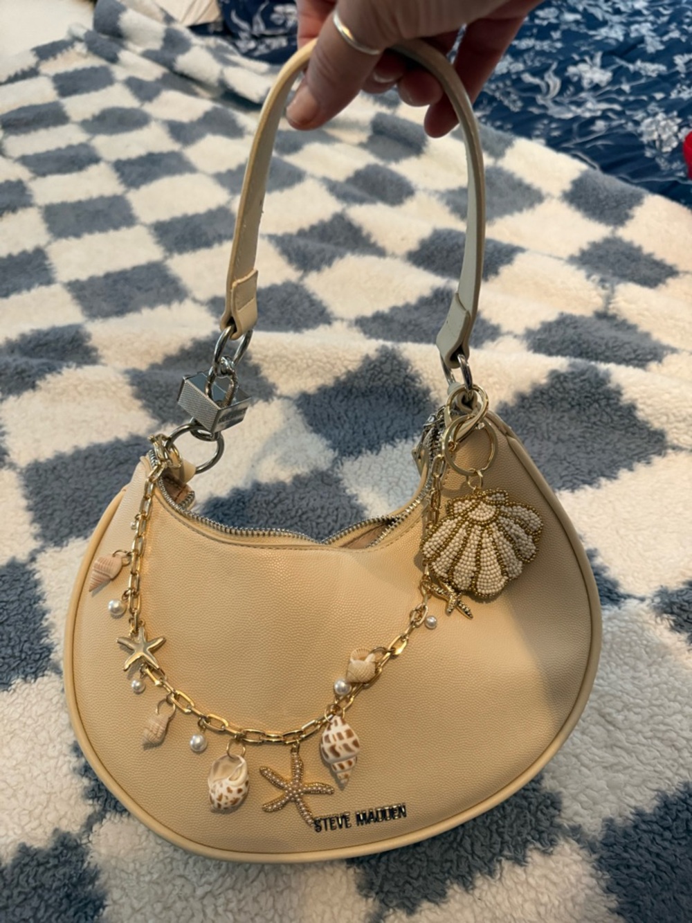 Steve Madden Cream Mini Hobo Bag with Beach Charm Chain